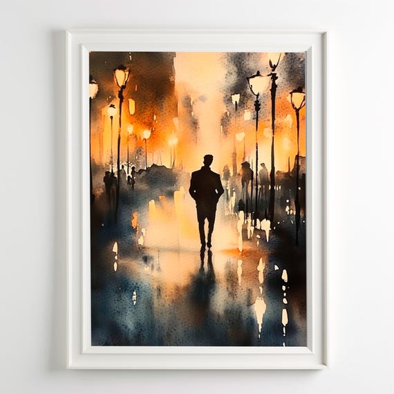 Cityscape Watercolor Art Print, Urban Night Scene