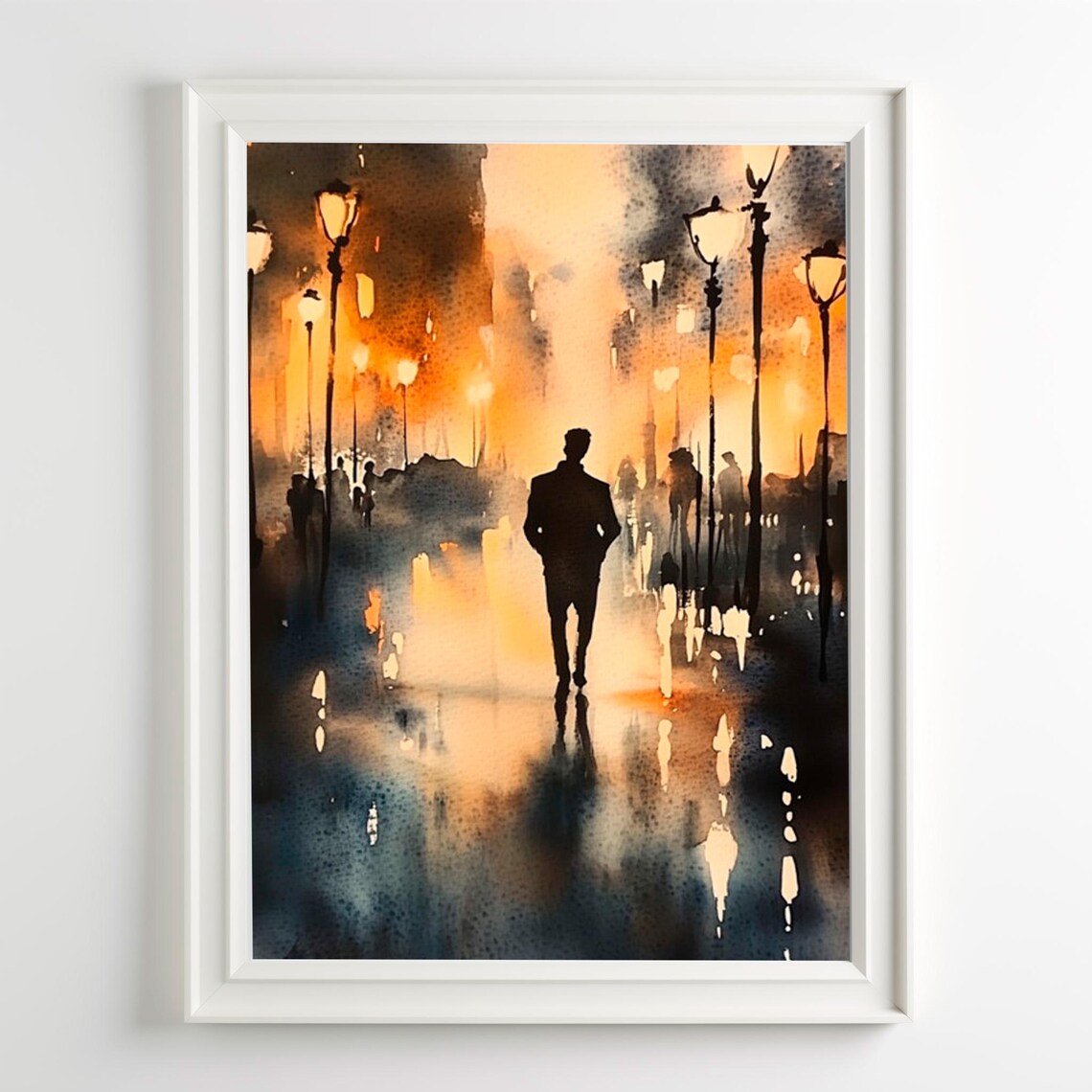 Cityscape Watercolor Art Print, Urban Night Scene