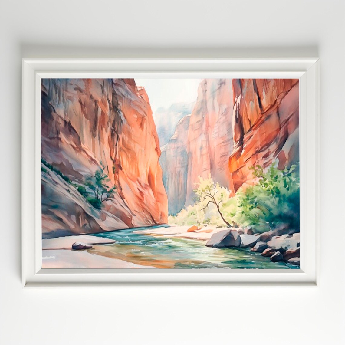 Zion Narrows Canyon River Watercolor Red Rock Utah Landscape Wall Art