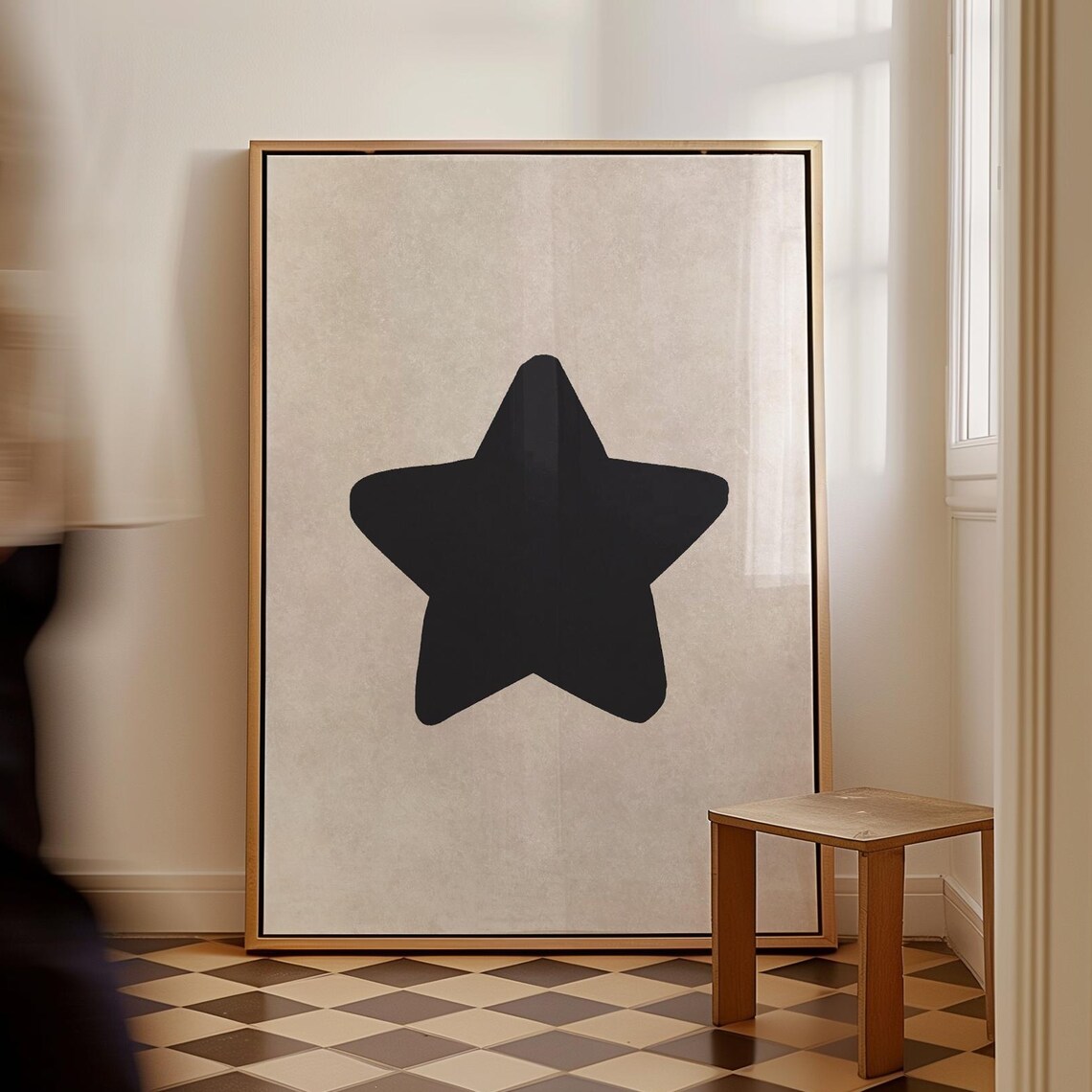 Handdrawn Black Star Trendy Minimalist Beige Background Poster