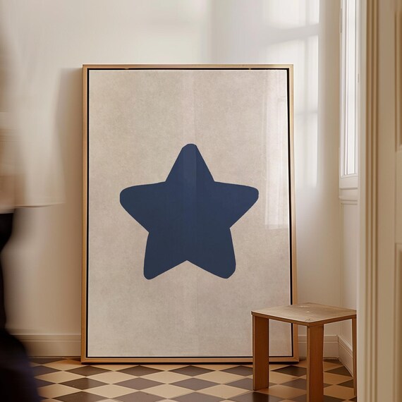 Navy Blue Star Hand Drawn Minimalist Retro Celestial Dorm Poster