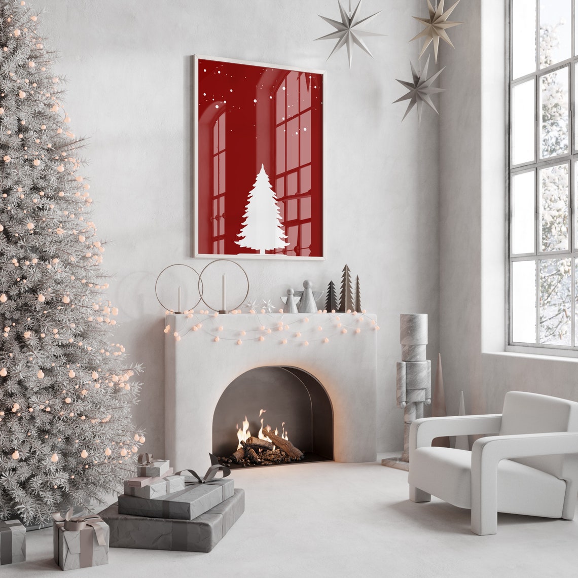 Minimalist Red Christmas Tree Snow Silhouette Holiday Poster - Image 3