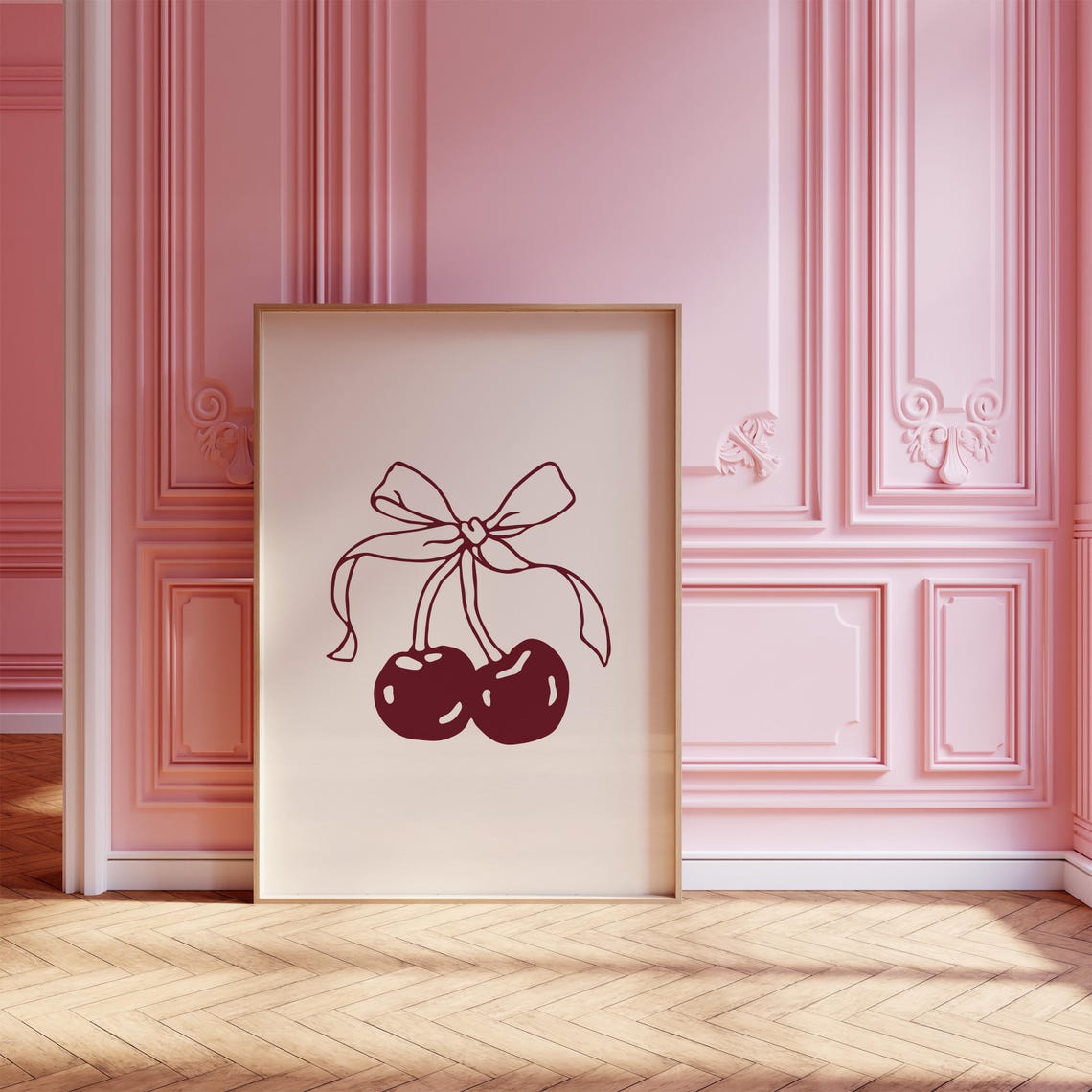 Burgundy Cherry Bow Cream Minimalist Fruit Kitchen Wall Art Print - Image 3