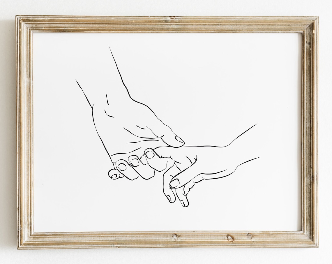 Adult and Child Holding Hands Minimalist Family Line Art Poster