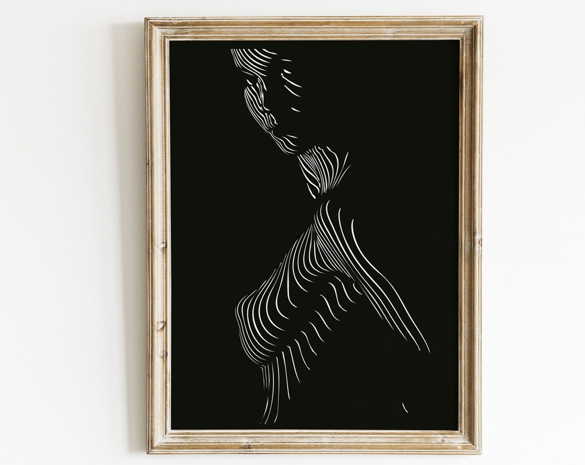 White Line Art Woman Profile Silhouette On Black Background Modern Print