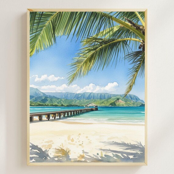 Tropical Beach Pier Palm Trees Turquoise Water Watercolor Poster