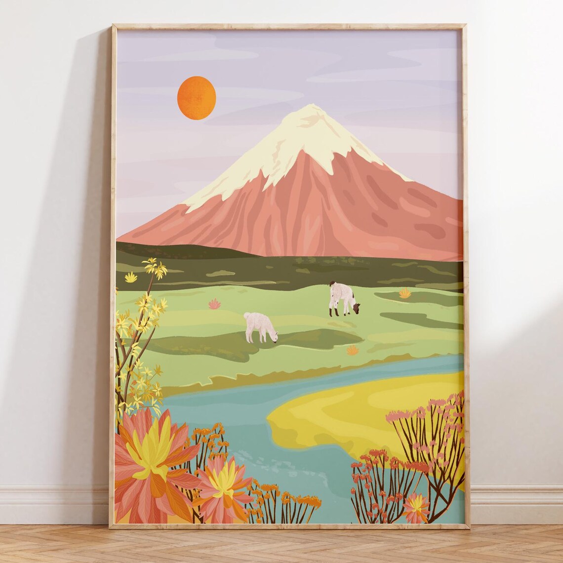 Snowcapped Mountain Valley with Alpacas Pastel Illustration Poster