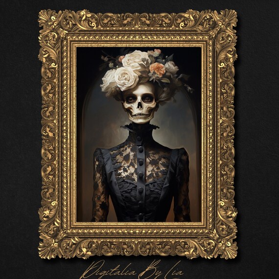Skeleton Lady Portrait Flower Crown Black Lace Victorian Goth Print