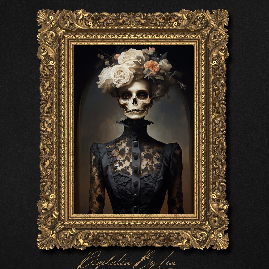 Skeleton Lady Portrait Flower Crown Black Lace Victorian Goth Print