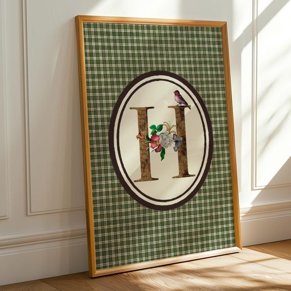 Wildflowers Initial Print Floral Nursery Wall Art Gingham Decor Boho Name Sign Vintage Striped