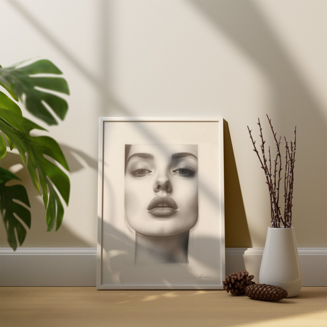 Pencil Sketch Portrait of a Beautiful Woman Black and White Art Poster - Image 2