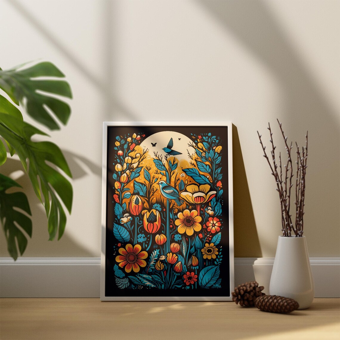 Moonlit Garden Woodcut Floral Art with Blue Birds Bold Poster - Image 5