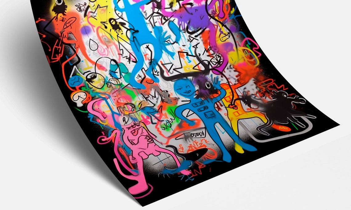 Neon Graffiti Cartoon Doodle Collage on Black Background Art Poster - Image 3