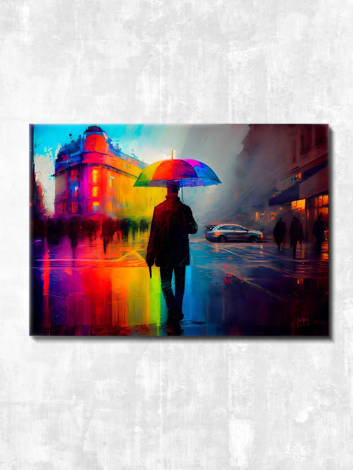 Rainbow Colors Gun Man Oil Painting With Colorful Umbrella Rainy Street Of City Wall Art