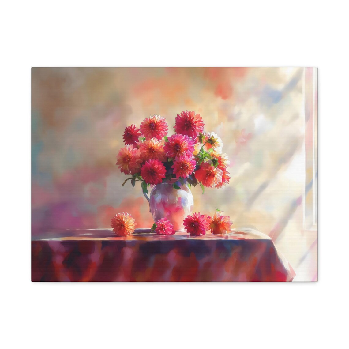 Vibrant Red Dahlias in Sunlit Vase Watercolor Floral Still Life Poster - Image 2