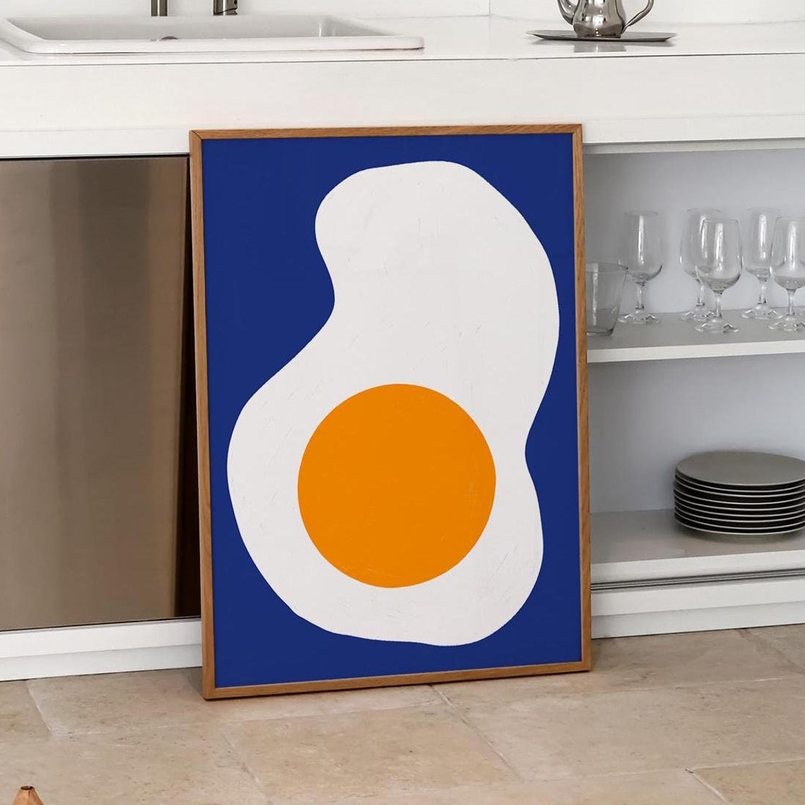 Sunny Side Up Fried Egg Cobalt Blue Modern Breakfast Art Poster