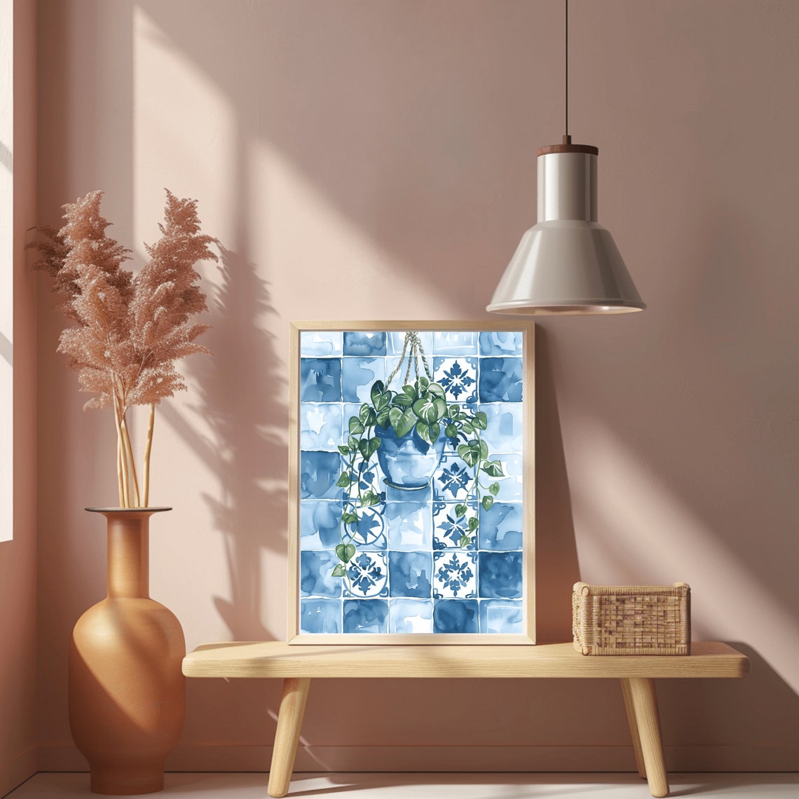 Hanging Pothos Plant Moroccan Blue Tile Watercolor Art Poster - Image 2