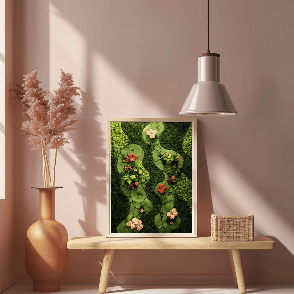 Winding Lily Pads and Red Flowers on Green Moss Living Wall Poster - Image 2