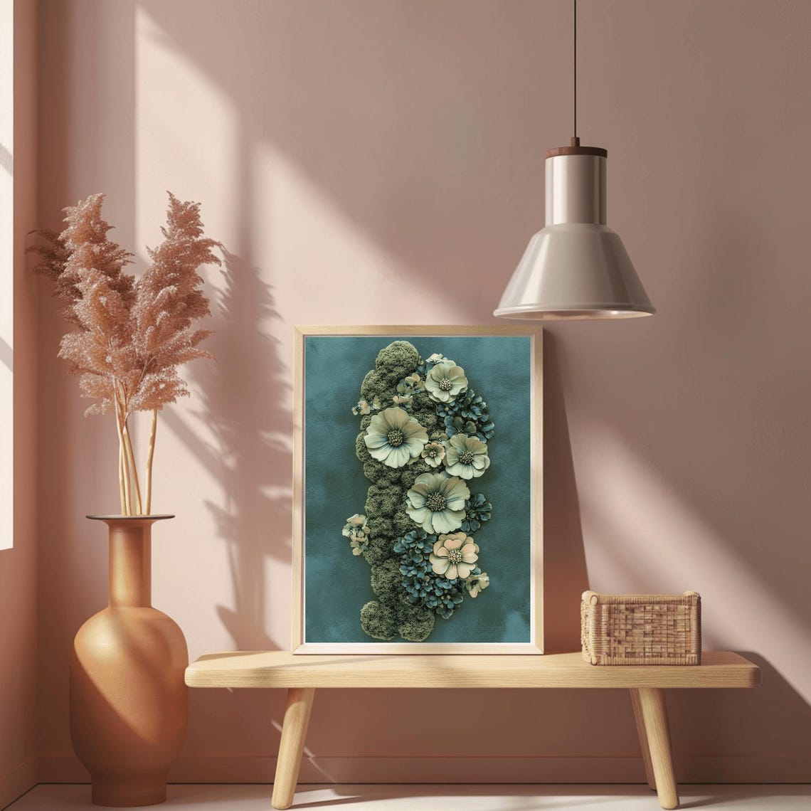 Pale Green and Ivory Blossoms on Moss Teal Botanical Wall Art - Image 2