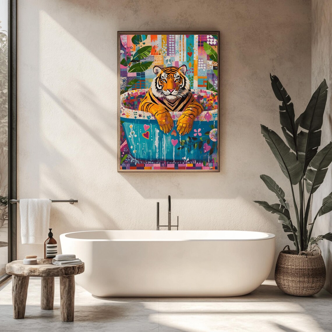 Playful Tiger Resting in Blue Bathtub Heart Confetti Bathroom Poster - Image 2