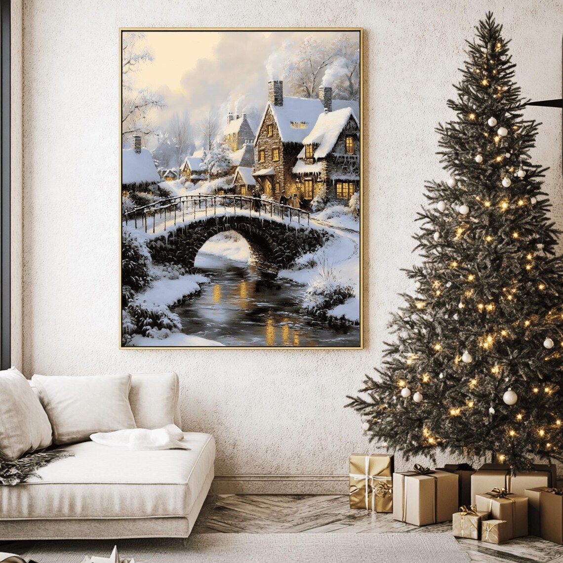 Snowy Village Stone Bridge Over Stream Glowing Cottages Poster - Image 2