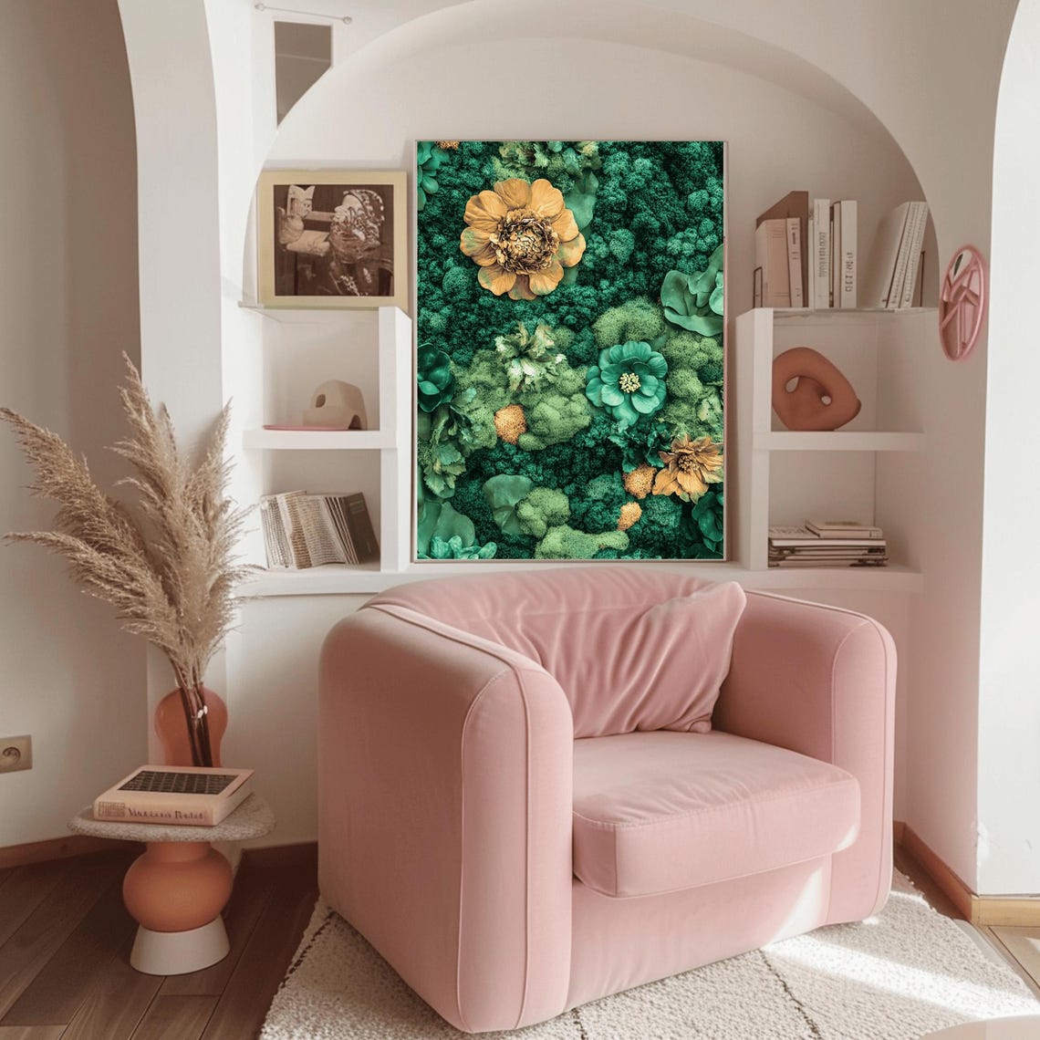 Oversized Golden Amber Flowers on Teal Moss Botanical Wall Art - Image 3