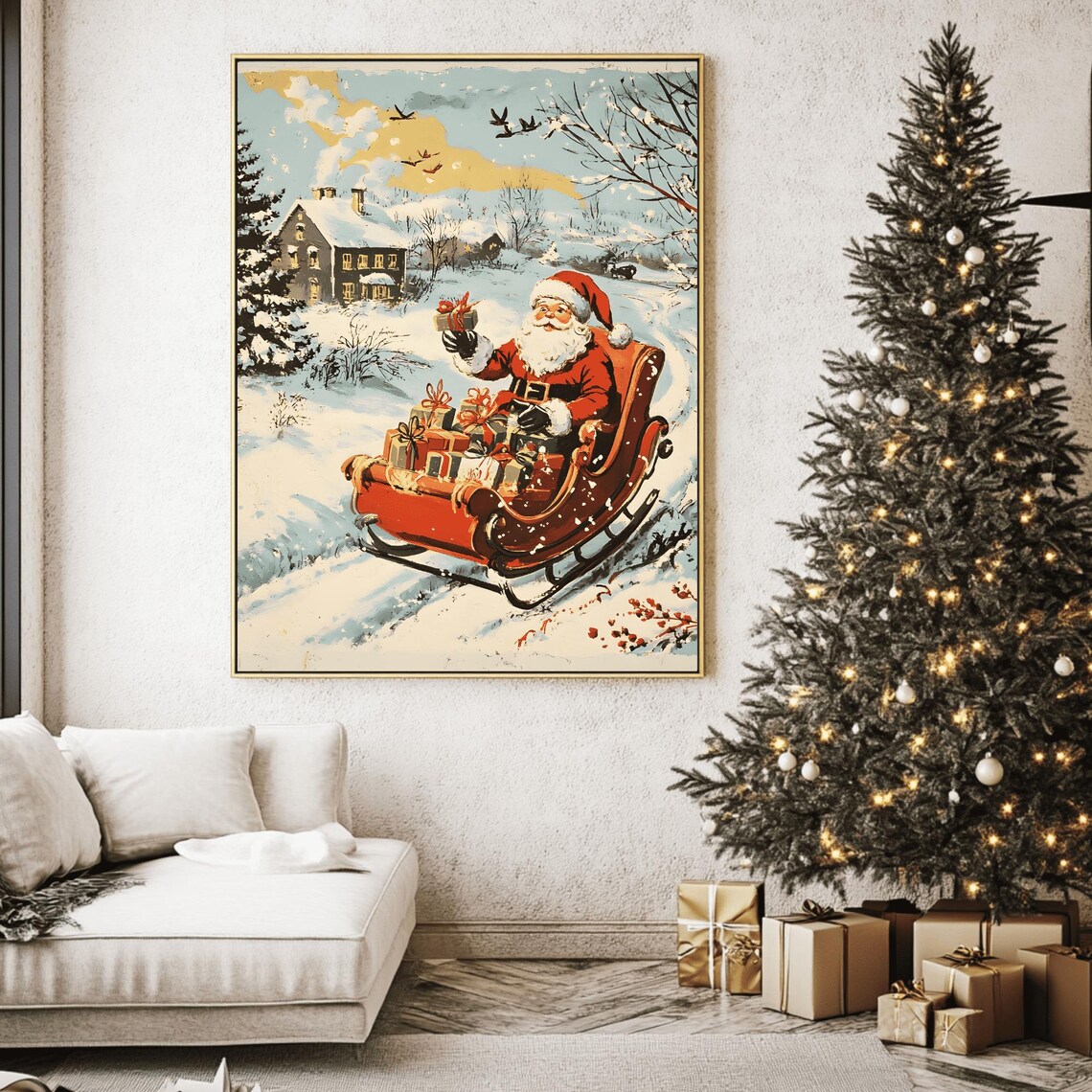 Classic Vintage Santa Waving from His Red Sleigh in the Snow Poster - Image 2