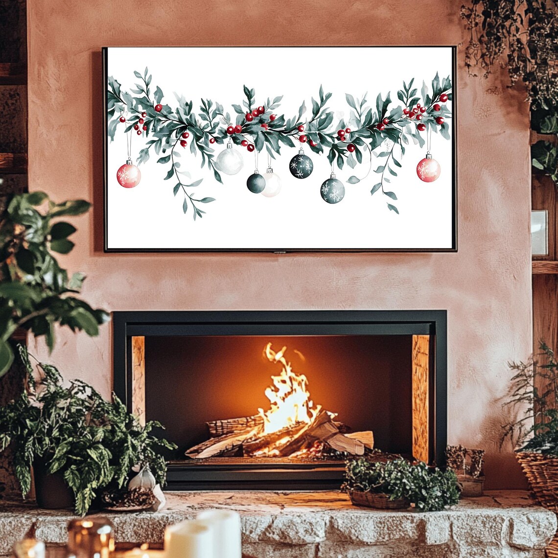 Watercolor Christmas Garland Swag With Hanging Baubles Poster - Image 3