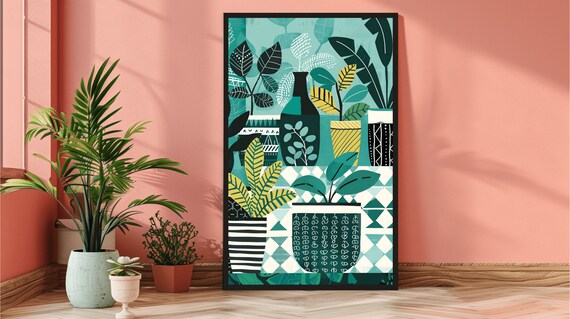 Teal Black Geometric Botanical Print With Green Leaves Scandinavian Style Boho Wall Decor Emerald Blue Tablecloth Plant Lover Gift