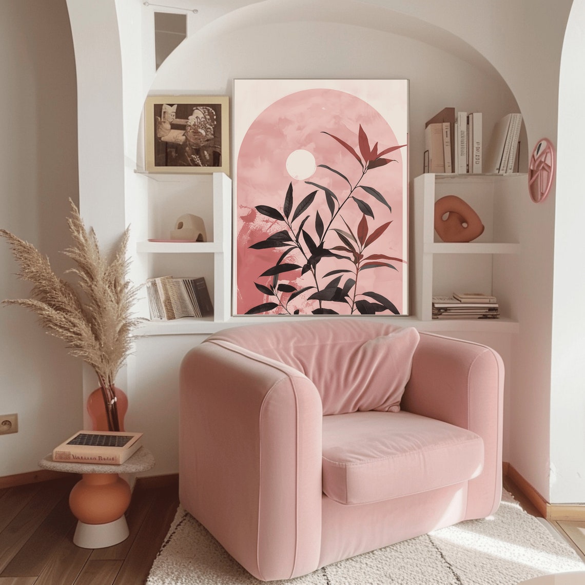 Japandi Pink Sun Arch Botanical Silhouette Leaves Art Poster - Image 2