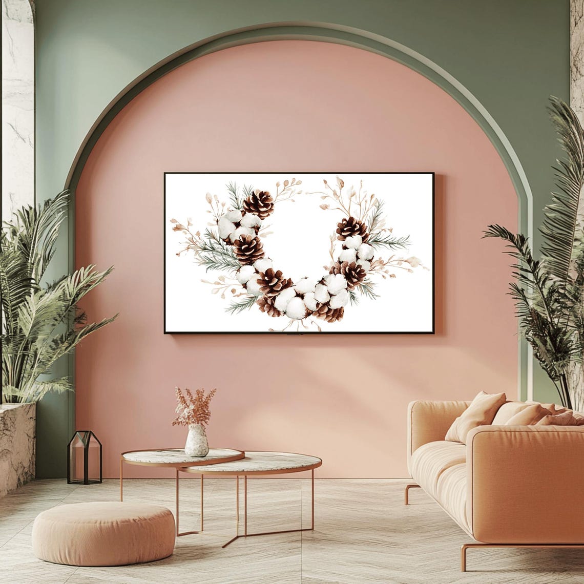 Pinecone Cotton Wreath With Green Pine Sprigs Winter Decor Poster - Image 2