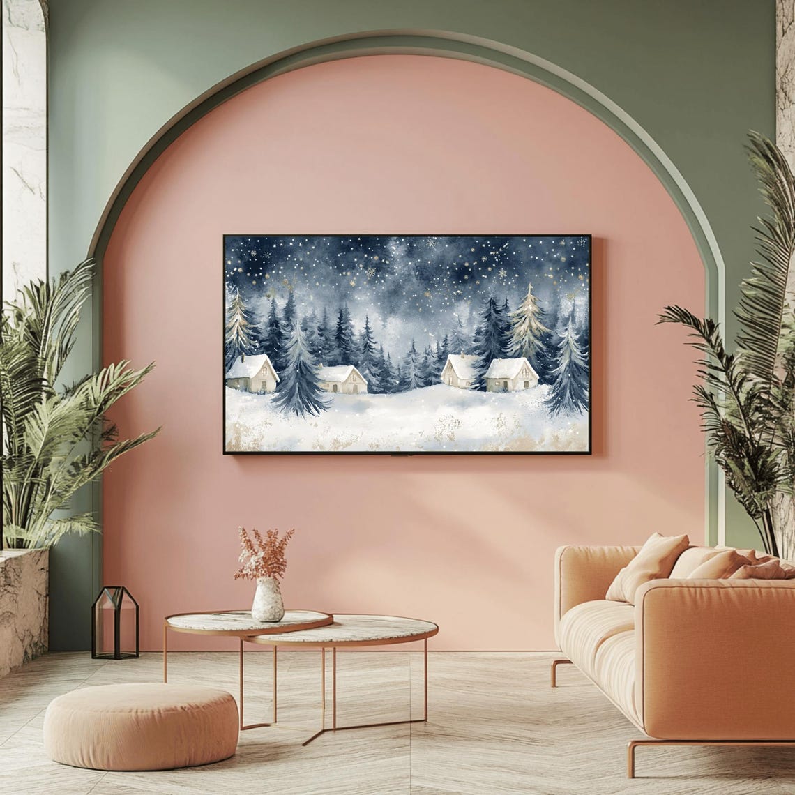 Cozy Snowy Forest Cabins Under Starry Winter Night Sky Poster - Image 2