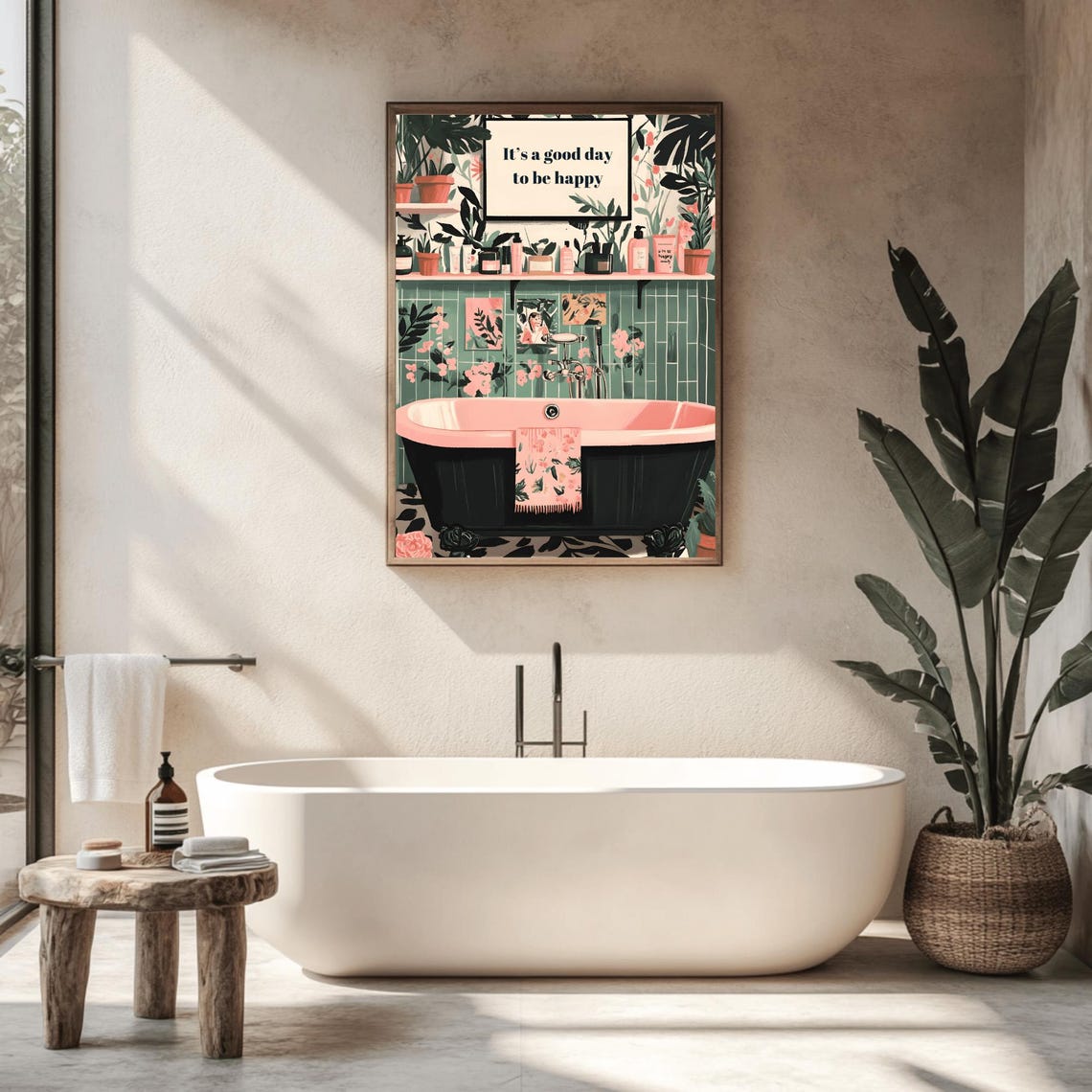 It's a Good Day to Be Happy Botanical Bathroom Black Tub Art Poster - Image 2