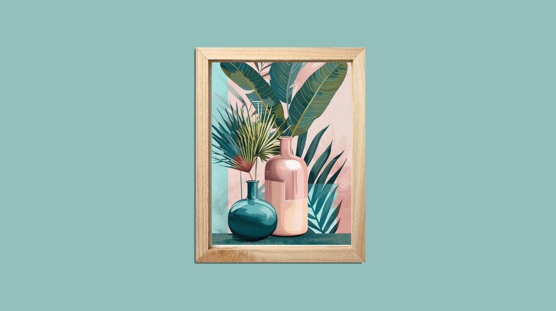 Tropical Banana Leaf Vases Blush Pink Teal Modern Art Poster - Image 2