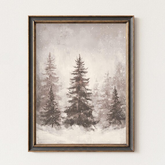 Moody Snowy Pine Forest Winter Vintage Landscape Painting Wall Art