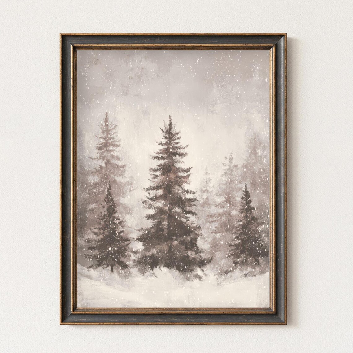 Moody Snowy Pine Forest Winter Vintage Landscape Painting Wall Art