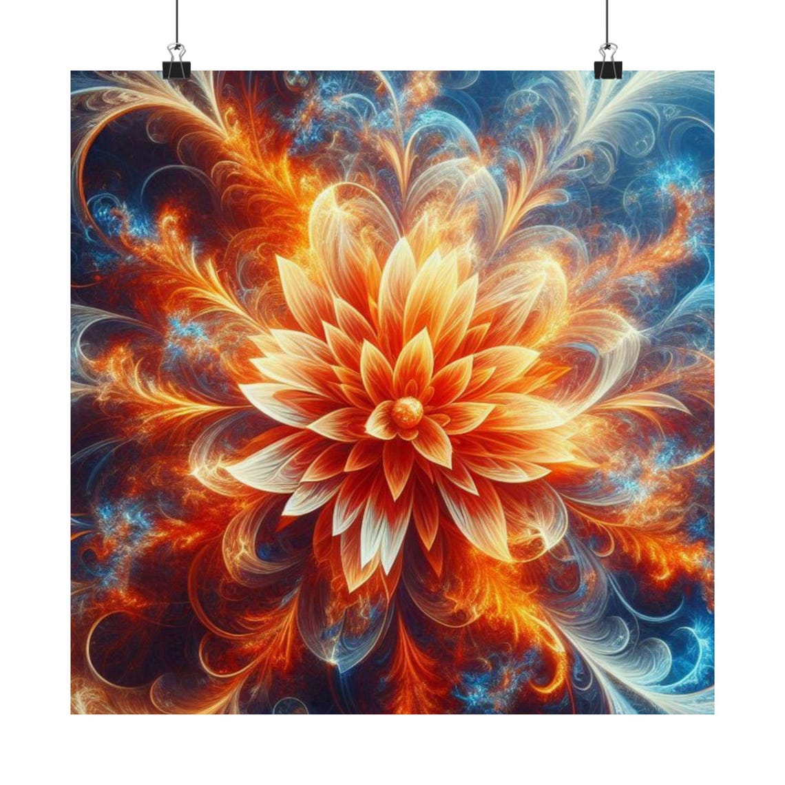 Fractal Fire Bloom Flower Abstract Poster in Orange and Blue Hues - Image 7