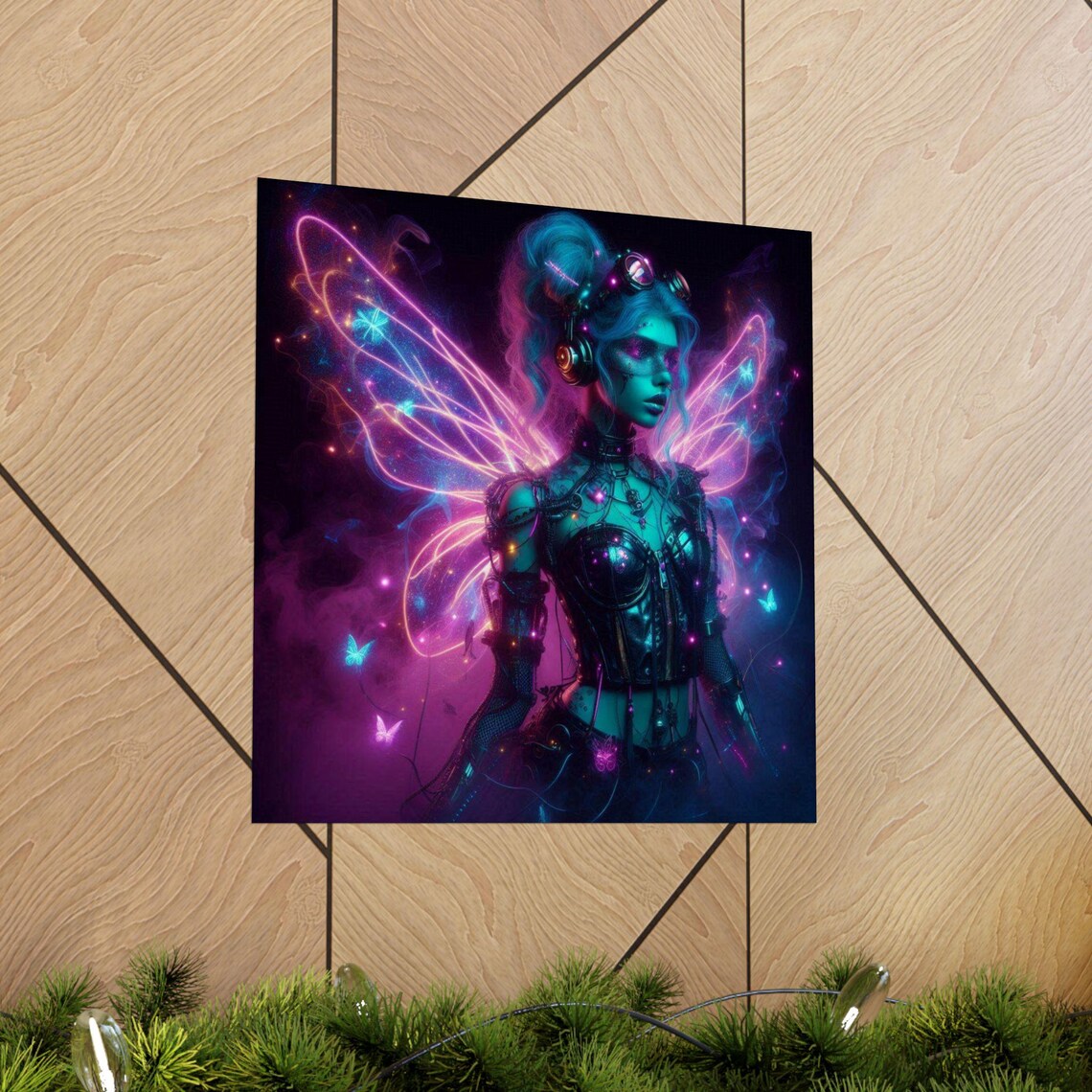 Cyberpunk Neon Fairy with Glowing Magenta Wings Fantasy Art Poster - Image 5