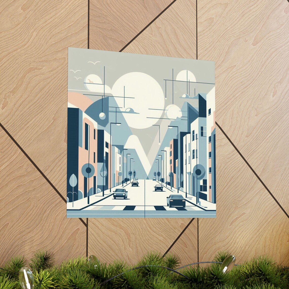 Geometric Minimalist City Street with Cars Pastel Blue Poster