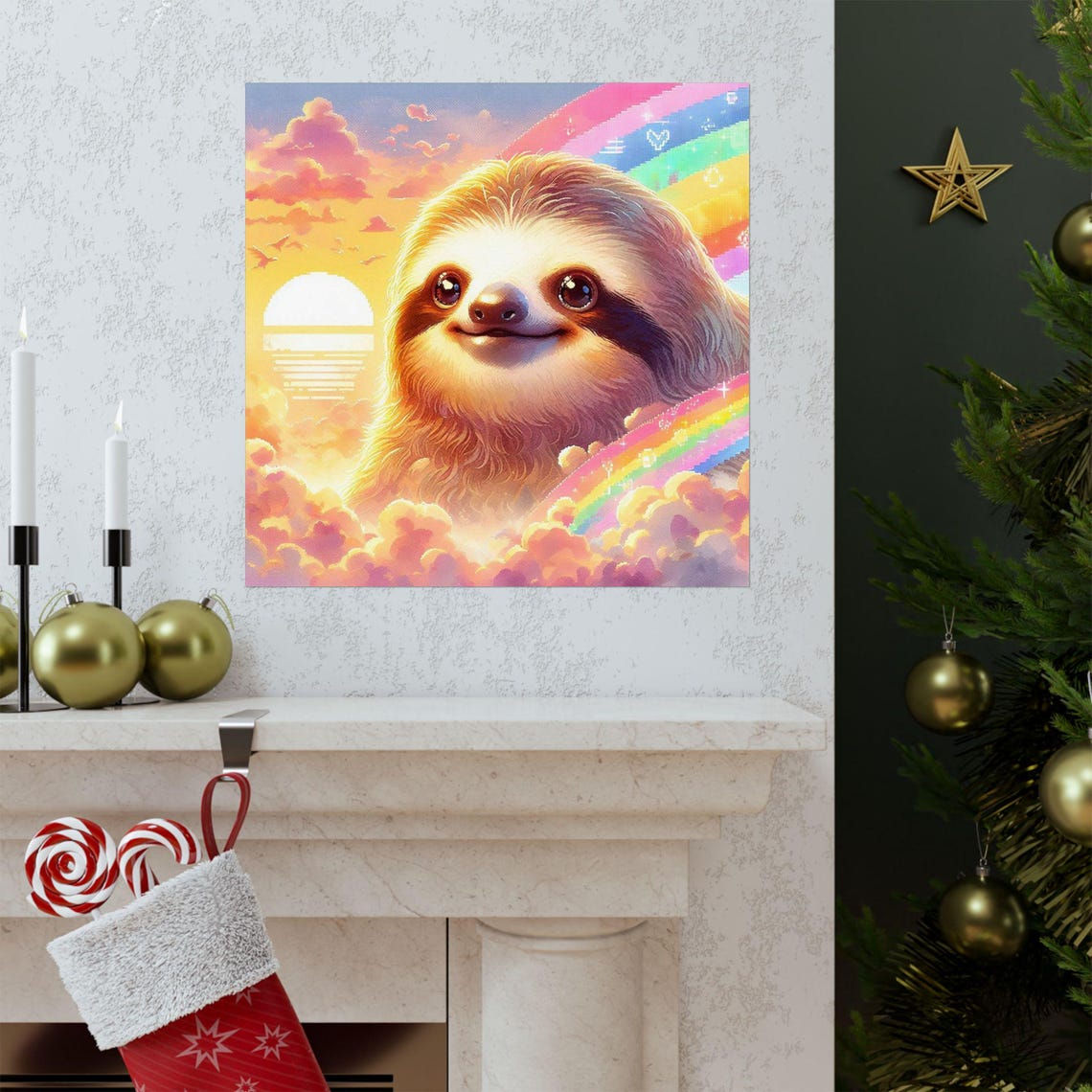 Smiling Sloth under Rainbow Sunset Sky Funny Animal Art Poster - Image 3