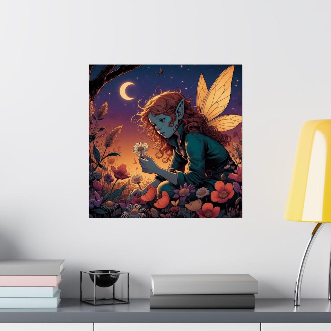 Red Haired Fairy Holding a Daisy Under a Crescent Moon Poster - Image 2