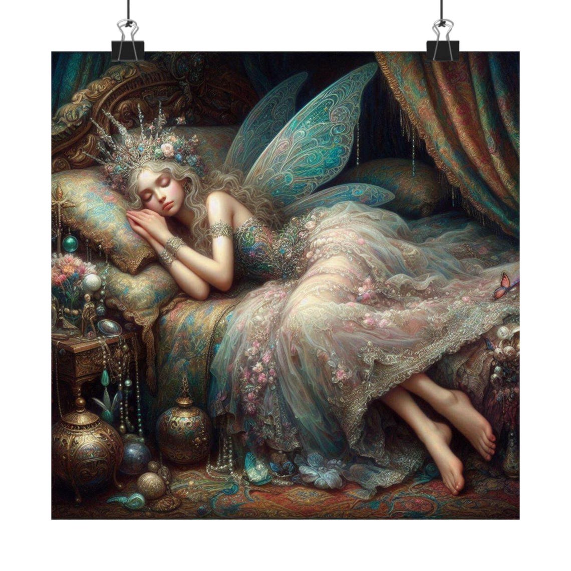 Sleeping Fairy Dreaming on an Ornate Velvet Flower Canopy Bed Poster - Image 7