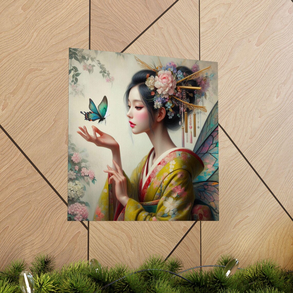 Elegant Geisha with Butterfly in Golden Kimono Japanese Art Poster - Image 5