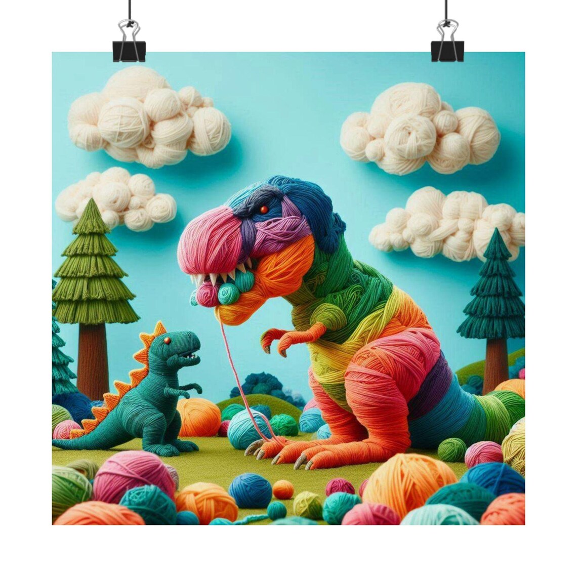 Colorful Yarn T Rex With Baby Dinosaur Fun Kids Room Art Poster