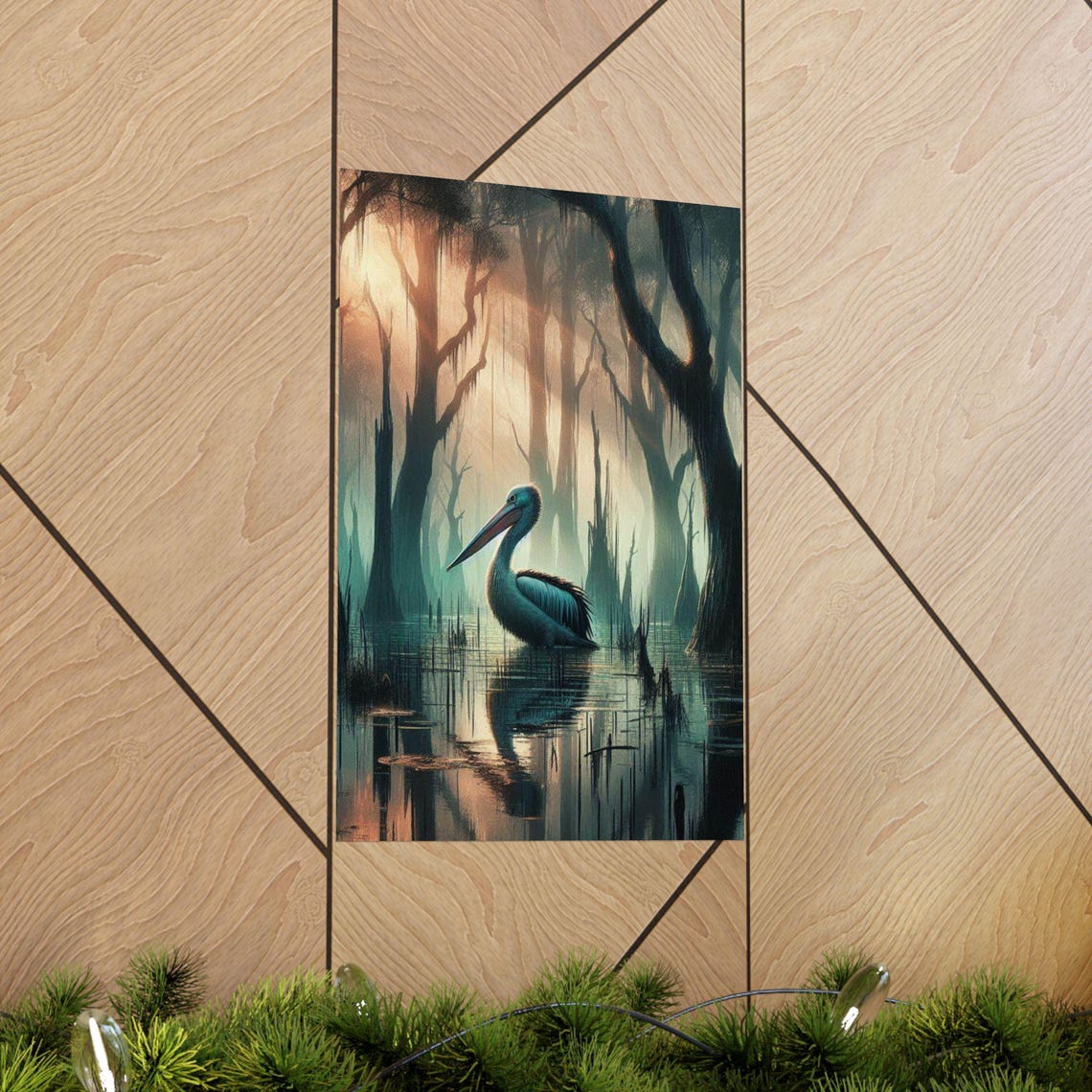 Serene Pelican Resting in a Misty Cypress Swamp at Dawn Poster - Image 4