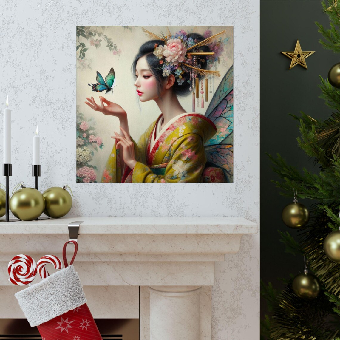 Elegant Geisha with Butterfly in Golden Kimono Japanese Art Poster - Image 3