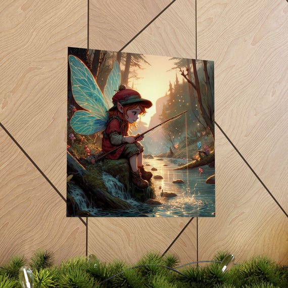 Whimsical Fairy Fishing Poster Enchanted Forest Decor Magical Wall Art Gift For Nature Lovers Childrens Room Decoration