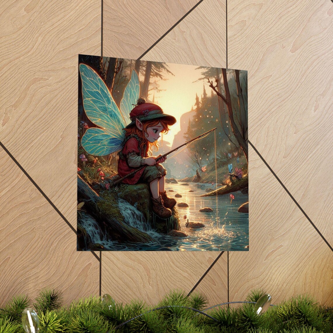 Little Fairy Girl Fishing in a Glowing Forest Stream Sunset Poster