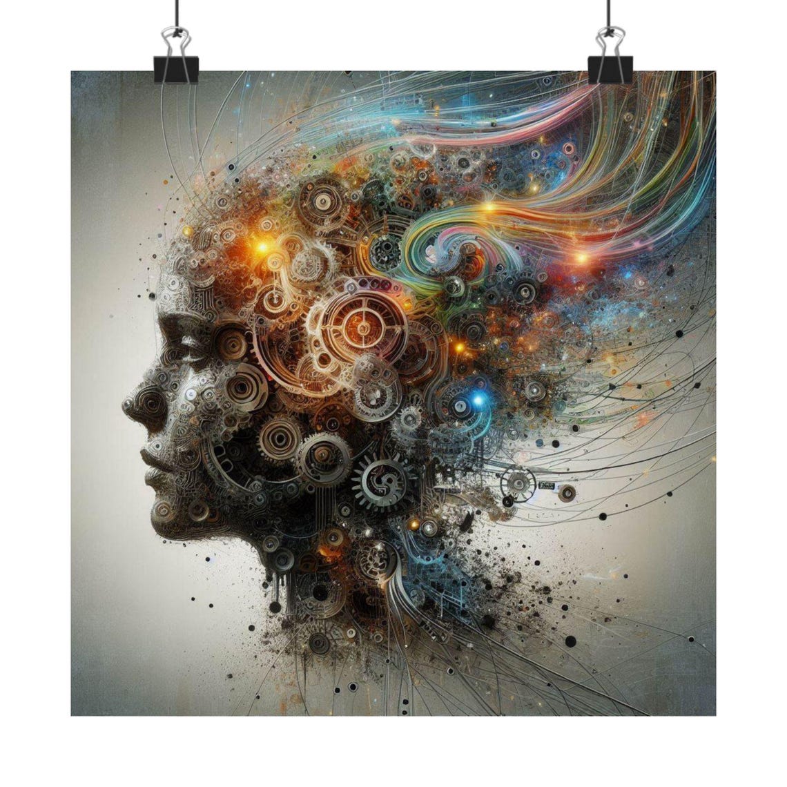 Surreal Steampunk Human Head Profile with Gears and Cogs Poster