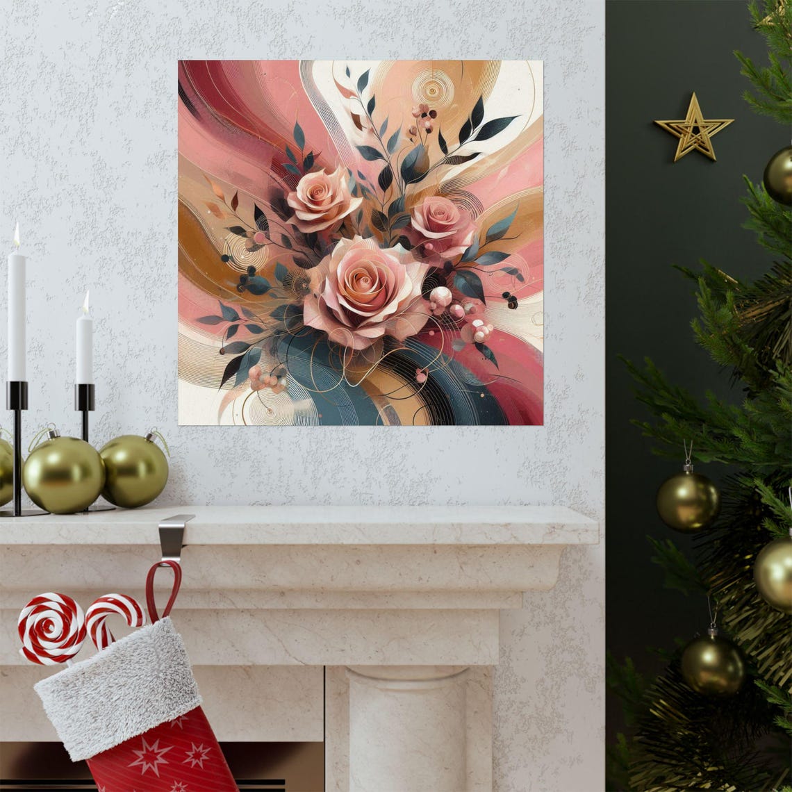 Blush Pink Roses with Flowing Abstract Swirls Botanical Art Poster - Image 3